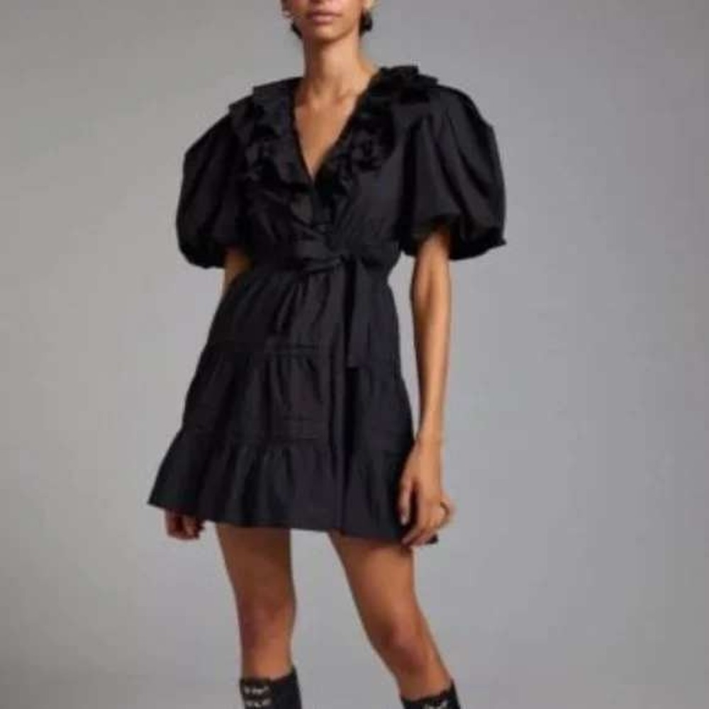 Love the Label Black Remy Ruffle Puff Sleeve Cotton‎ Wrap Mini Dress Small NWT